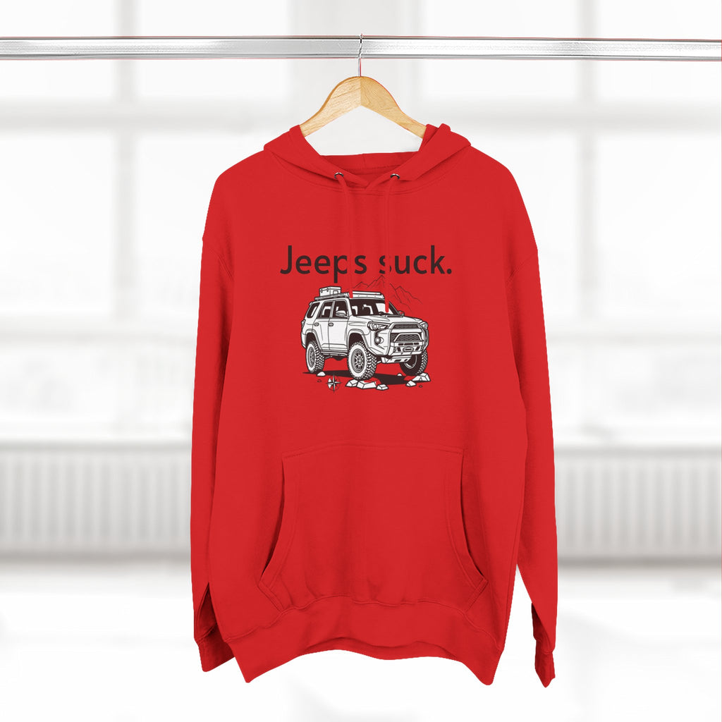 Anti-Jeep Graphic Hoodie – "Jeeps suck." Off-Road Truck Illustration Pullover