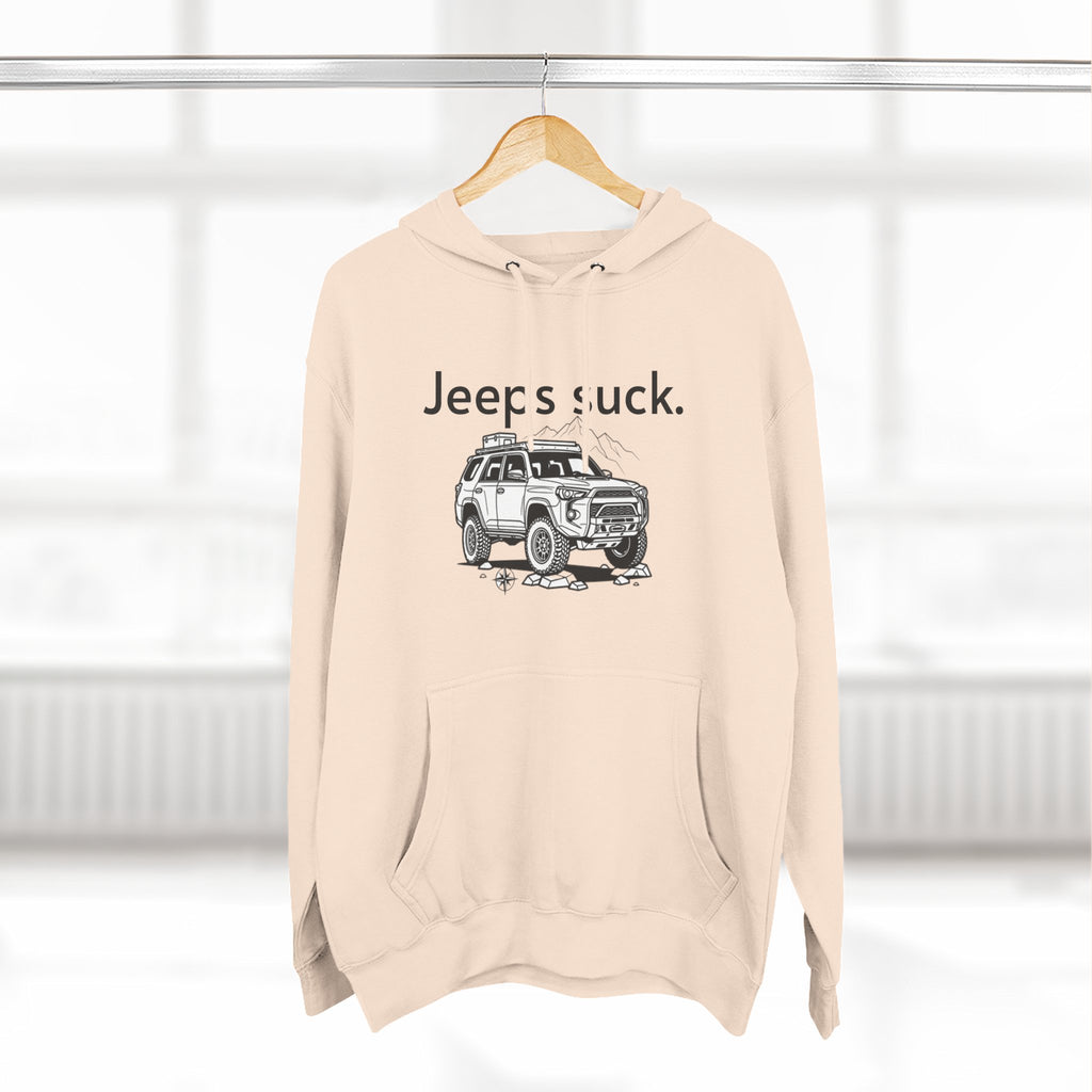 Anti-Jeep Graphic Hoodie – "Jeeps suck." Off-Road Truck Illustration Pullover