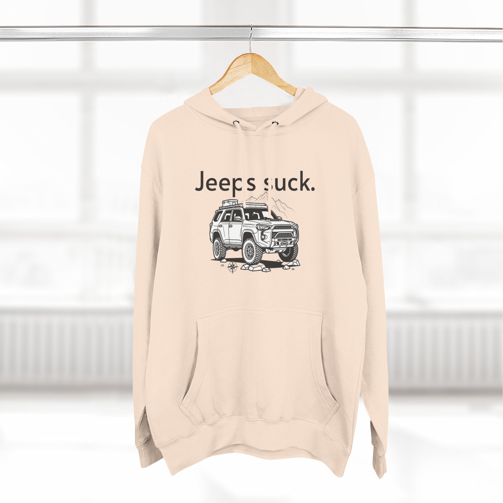 Anti-Jeep Graphic Hoodie – "Jeeps suck." Off-Road Truck Illustration Pullover