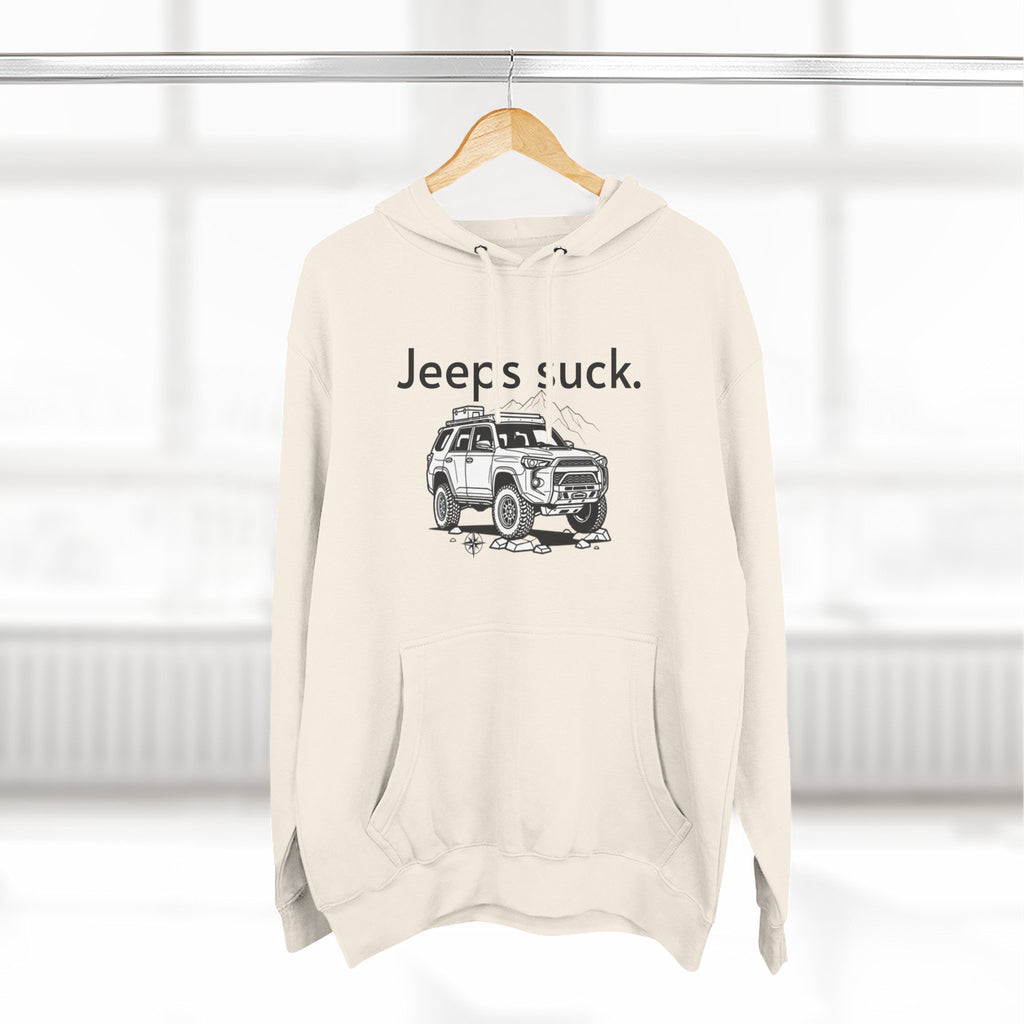 Anti-Jeep Graphic Hoodie – "Jeeps suck." Off-Road Truck Illustration Pullover