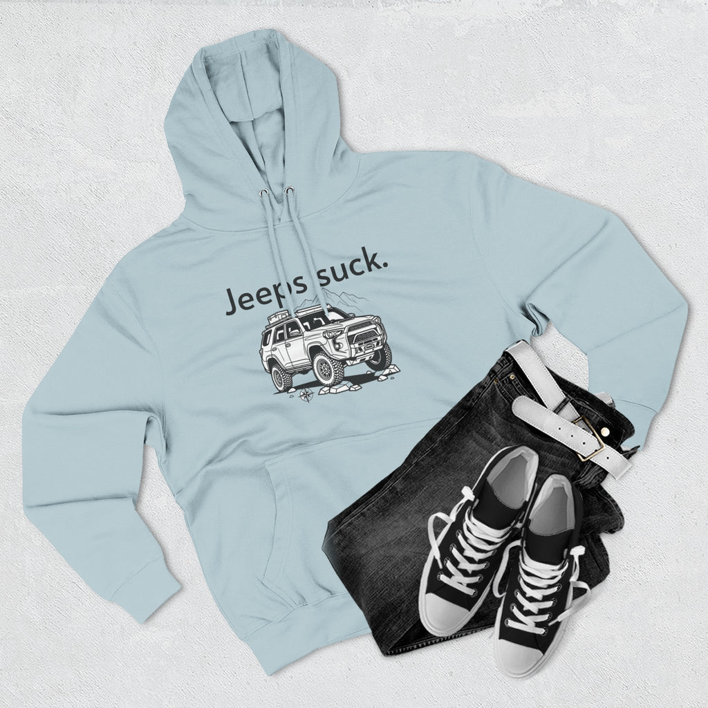 Anti-Jeep Graphic Hoodie – "Jeeps suck." Off-Road Truck Illustration Pullover