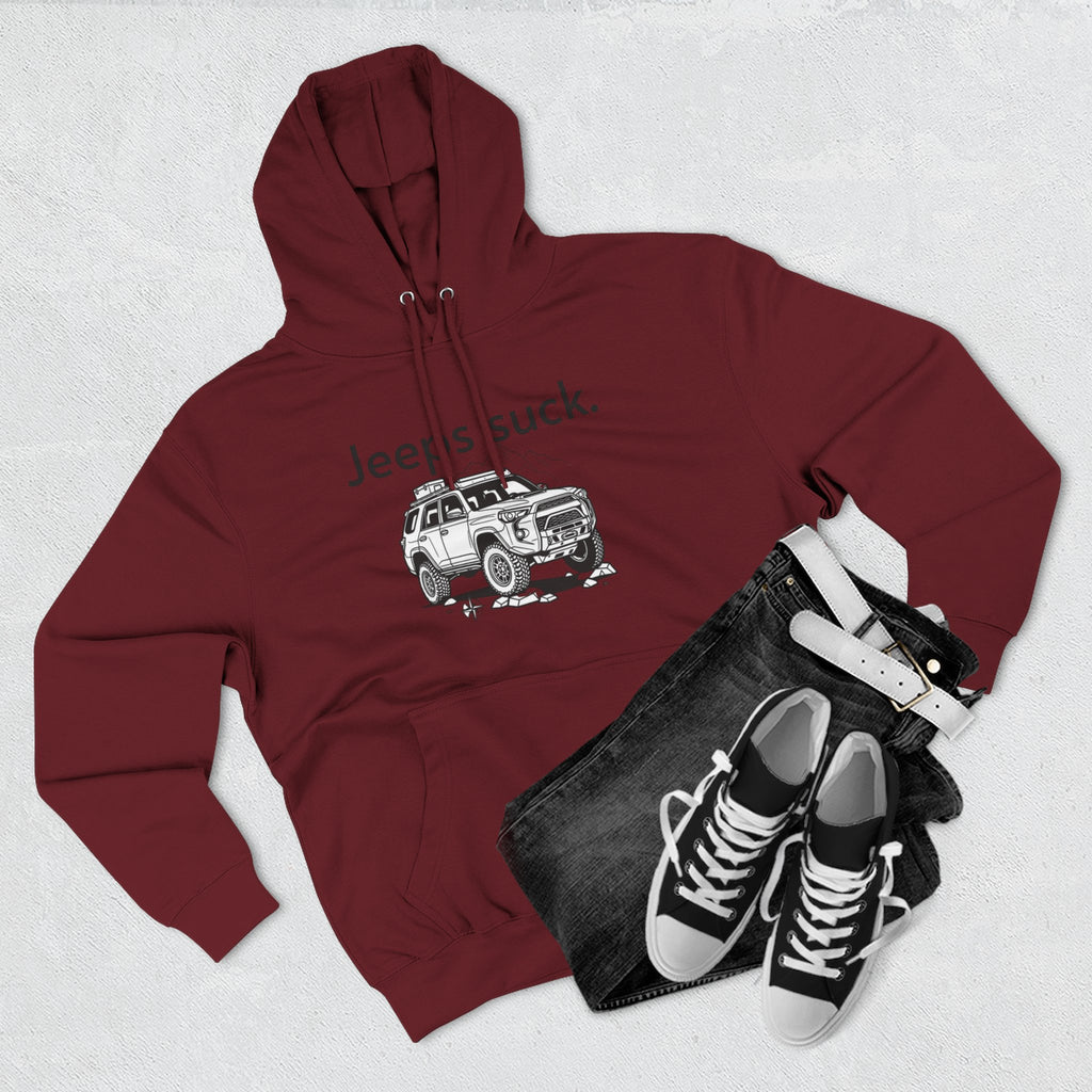 Anti-Jeep Graphic Hoodie – "Jeeps suck." Off-Road Truck Illustration Pullover