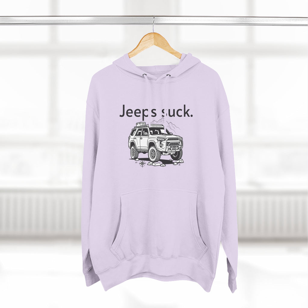 Anti-Jeep Graphic Hoodie – "Jeeps suck." Off-Road Truck Illustration Pullover