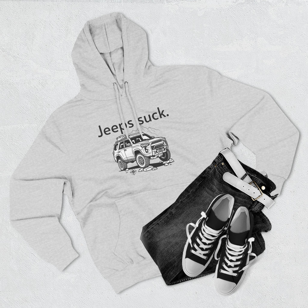 Anti-Jeep Graphic Hoodie – "Jeeps suck." Off-Road Truck Illustration Pullover