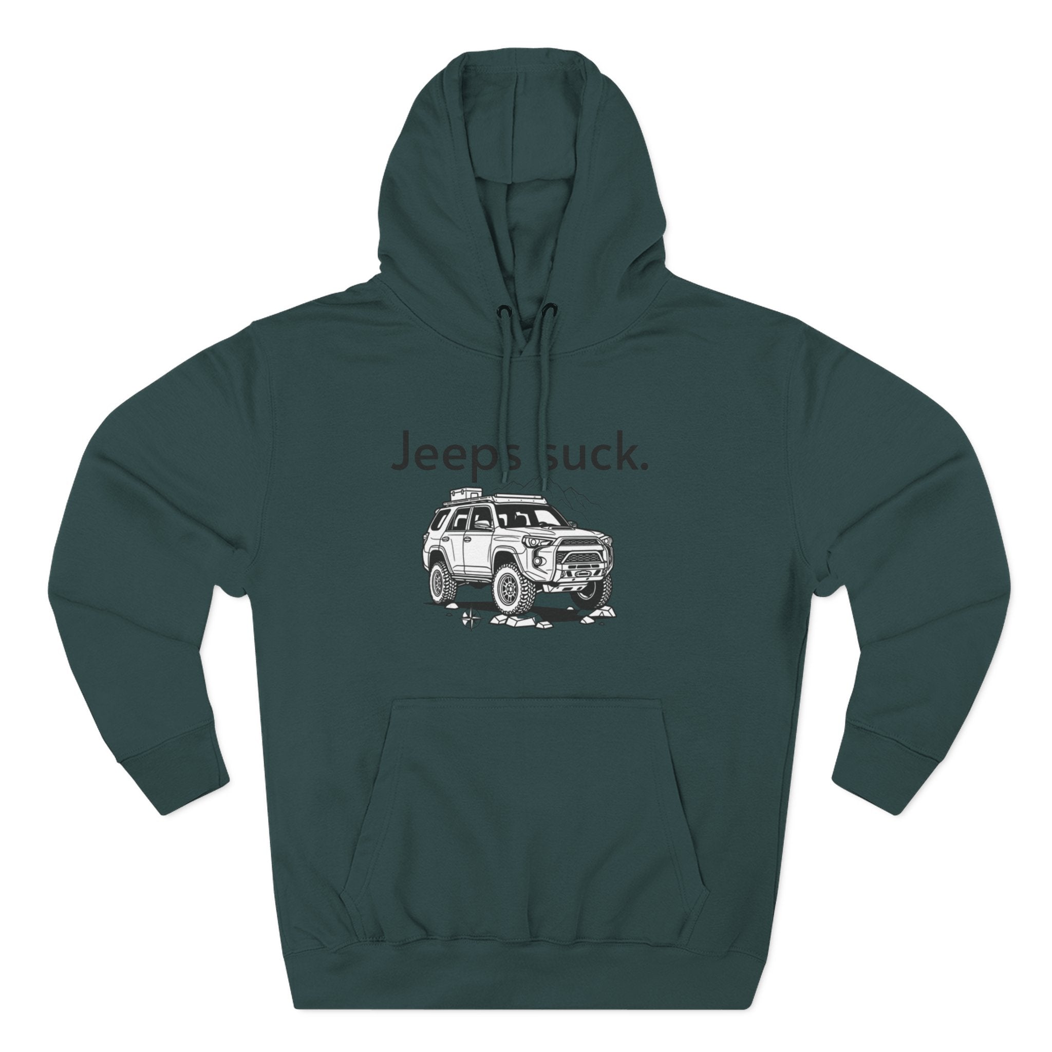 Anti-Jeep Graphic Hoodie – "Jeeps suck." Off-Road Truck Illustration Pullover