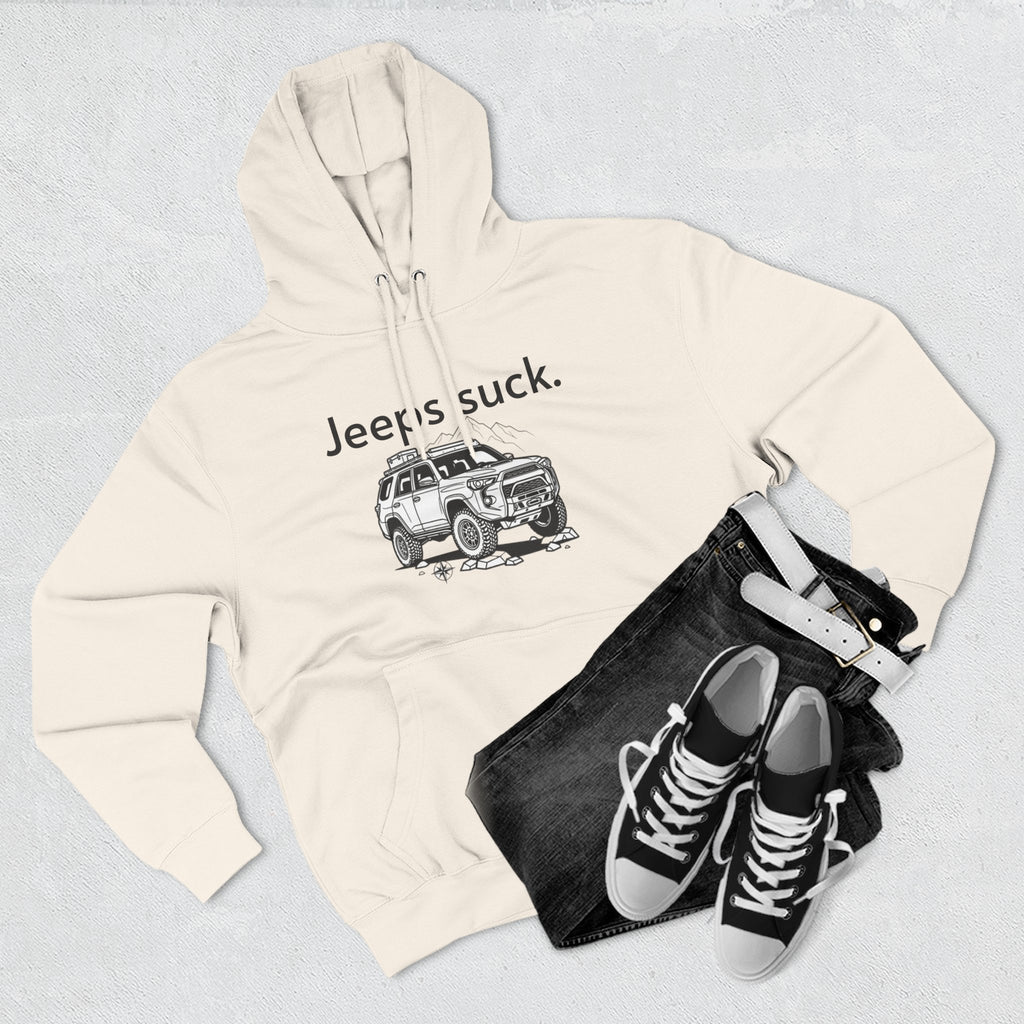 Anti-Jeep Graphic Hoodie – "Jeeps suck." Off-Road Truck Illustration Pullover