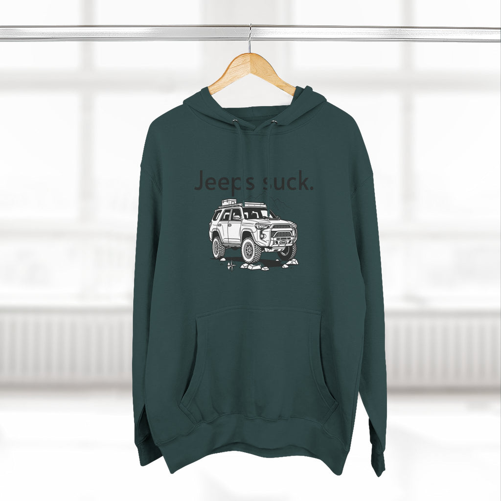 Anti-Jeep Graphic Hoodie – "Jeeps suck." Off-Road Truck Illustration Pullover