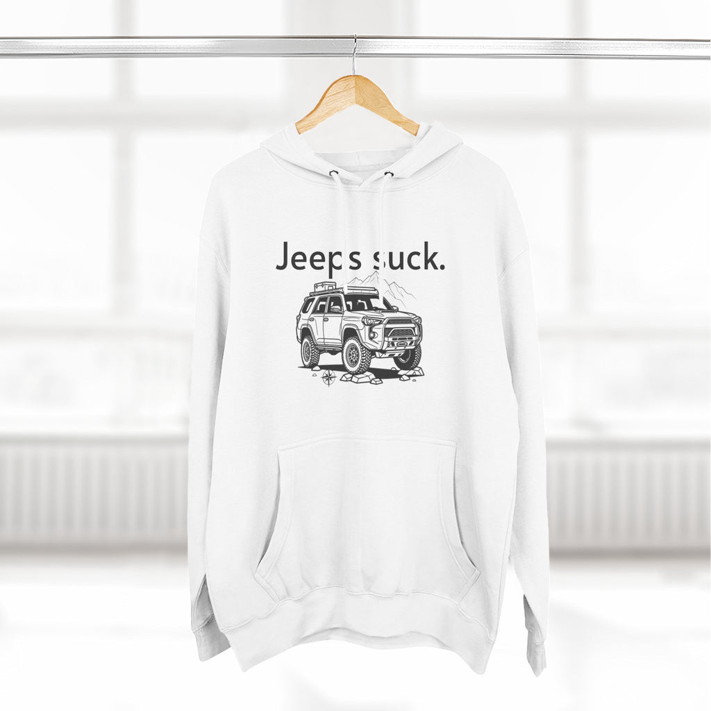 Anti-Jeep Graphic Hoodie – "Jeeps suck." Off-Road Truck Illustration Pullover