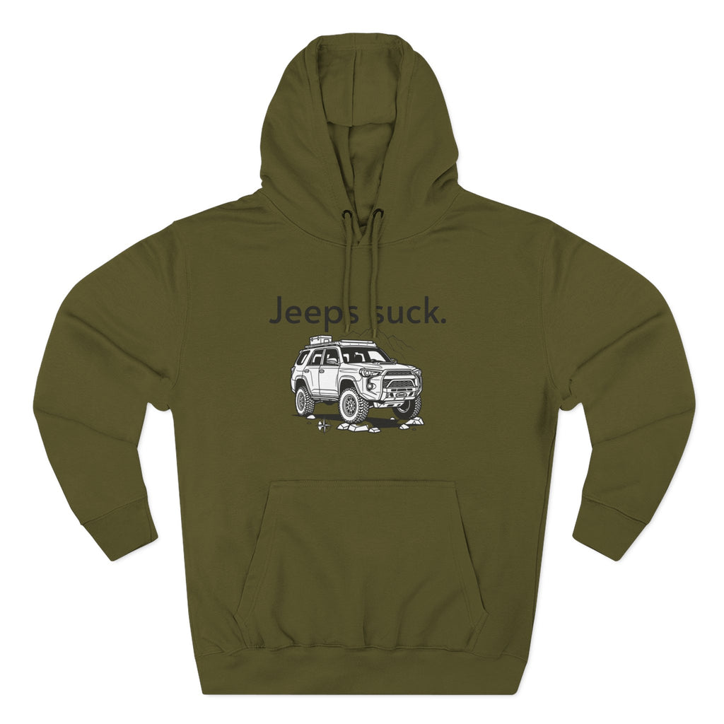 Anti-Jeep Graphic Hoodie – "Jeeps suck." Off-Road Truck Illustration Pullover