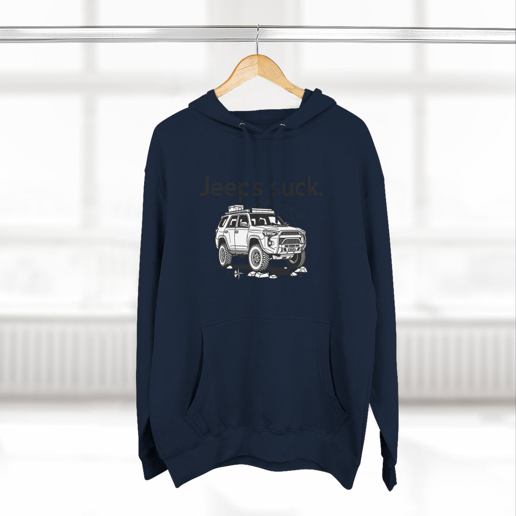 Anti-Jeep Graphic Hoodie – "Jeeps suck." Off-Road Truck Illustration Pullover