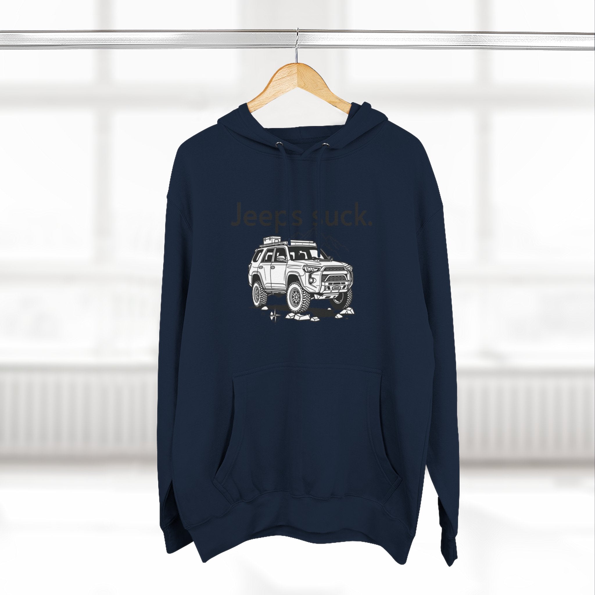 Anti-Jeep Graphic Hoodie – "Jeeps suck." Off-Road Truck Illustration Pullover