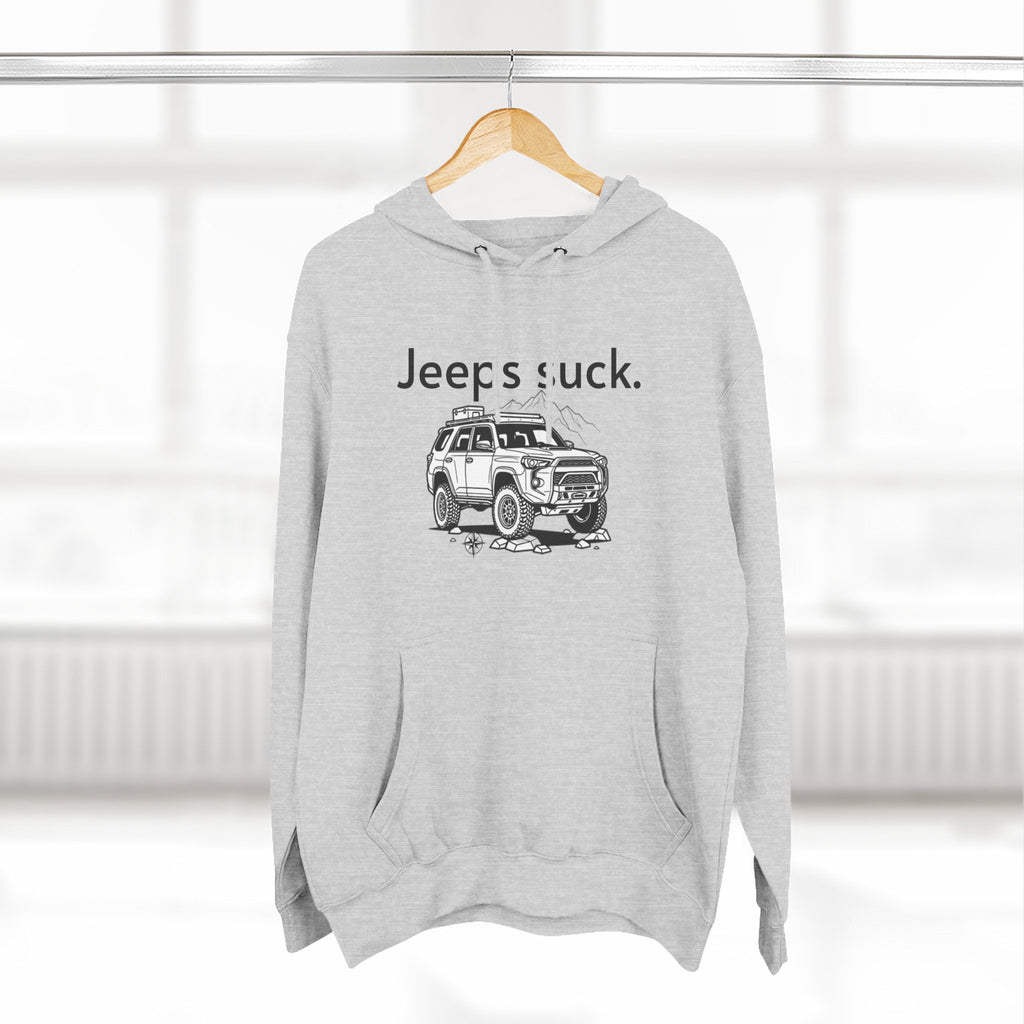 Anti-Jeep Graphic Hoodie – "Jeeps suck." Off-Road Truck Illustration Pullover