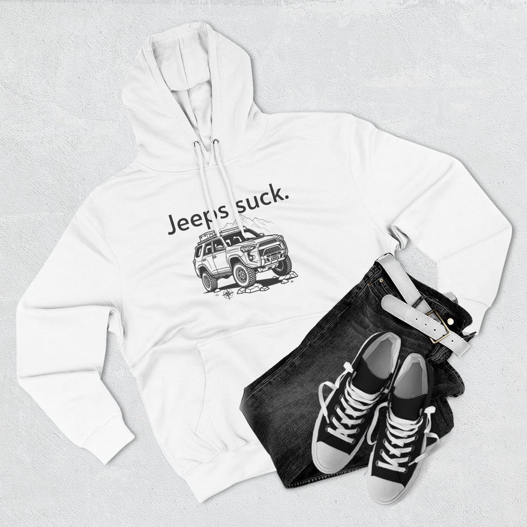 Anti-Jeep Graphic Hoodie – "Jeeps suck." Off-Road Truck Illustration Pullover