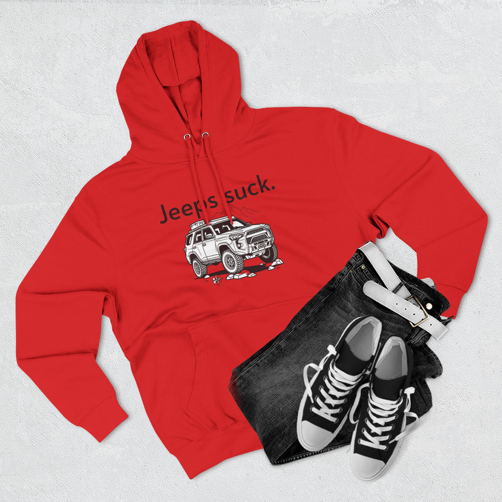 Anti-Jeep Graphic Hoodie – "Jeeps suck." Off-Road Truck Illustration Pullover
