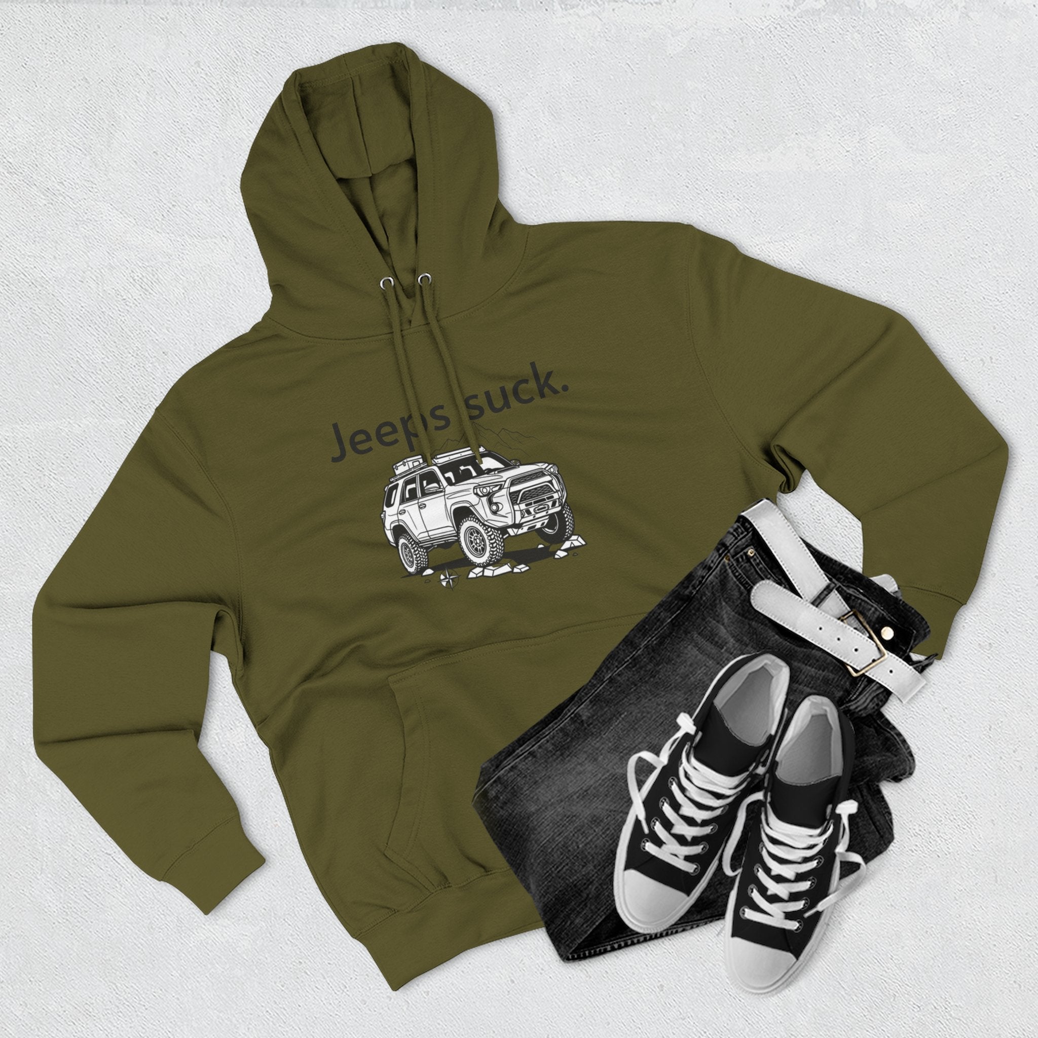 Anti-Jeep Graphic Hoodie – "Jeeps suck." Off-Road Truck Illustration Pullover