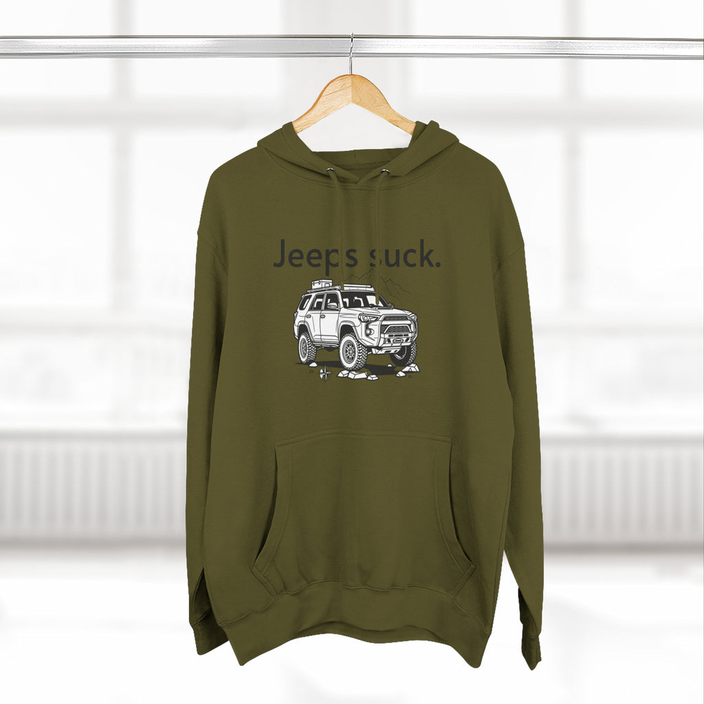Anti-Jeep Graphic Hoodie – "Jeeps suck." Off-Road Truck Illustration Pullover