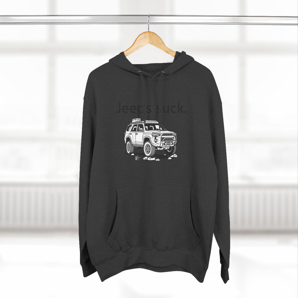 Anti-Jeep Graphic Hoodie – "Jeeps suck." Off-Road Truck Illustration Pullover
