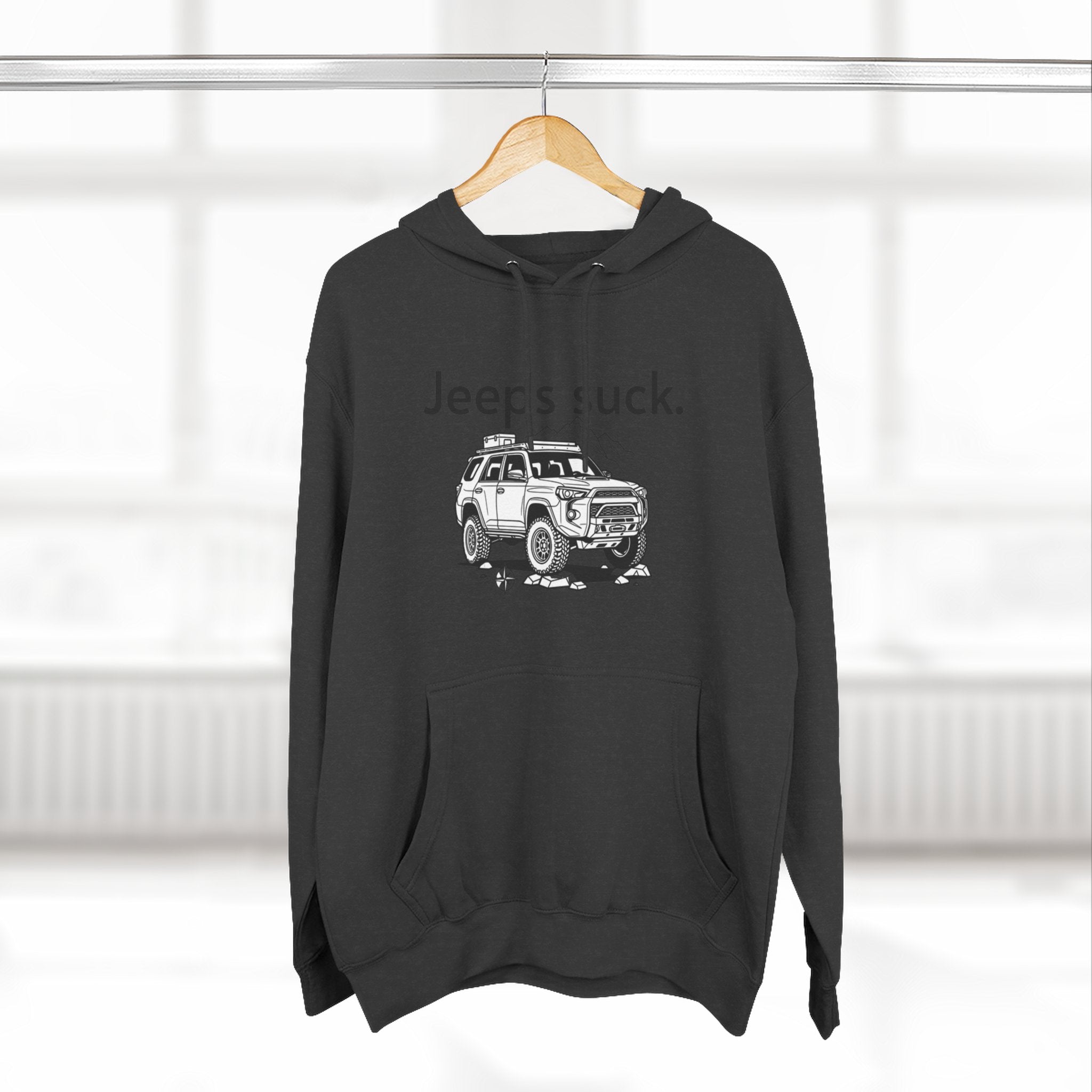 Anti-Jeep Graphic Hoodie – "Jeeps suck." Off-Road Truck Illustration Pullover
