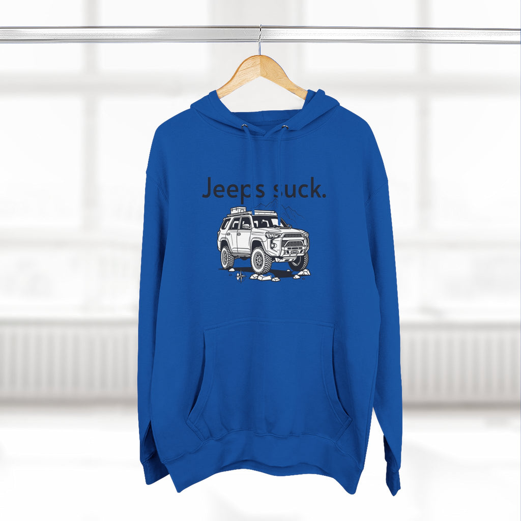 Anti-Jeep Graphic Hoodie – "Jeeps suck." Off-Road Truck Illustration Pullover