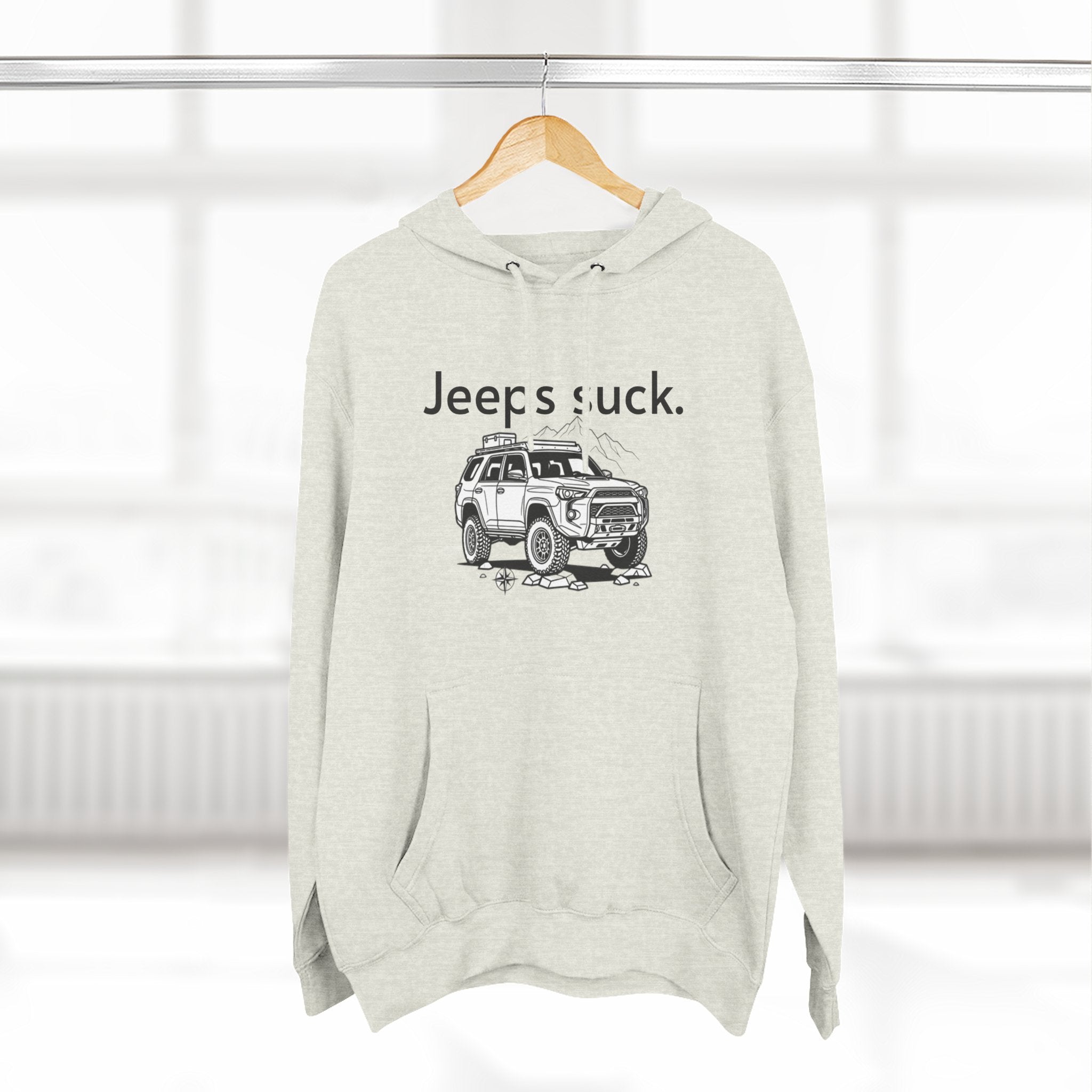 Anti-Jeep Graphic Hoodie – "Jeeps suck." Off-Road Truck Illustration Pullover