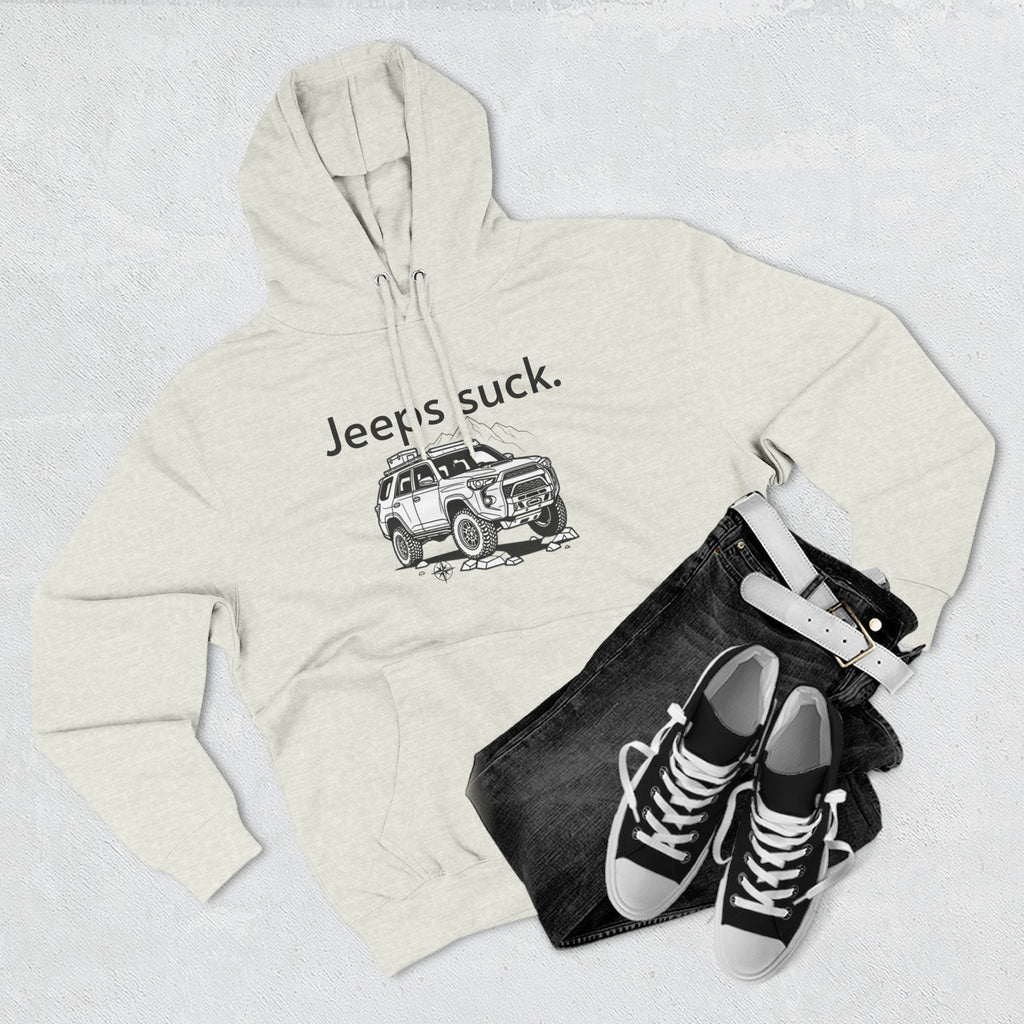 Anti-Jeep Graphic Hoodie – "Jeeps suck." Off-Road Truck Illustration Pullover