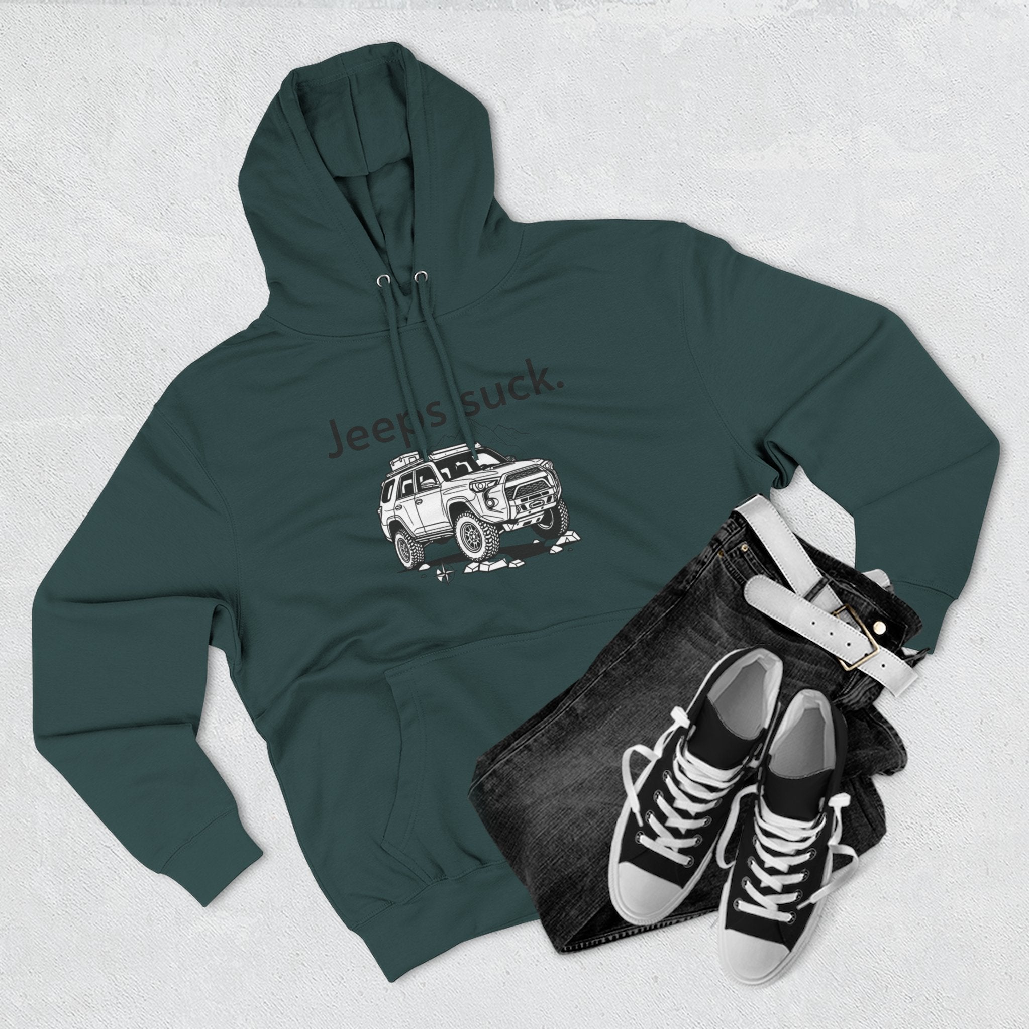 Anti-Jeep Graphic Hoodie – "Jeeps suck." Off-Road Truck Illustration Pullover