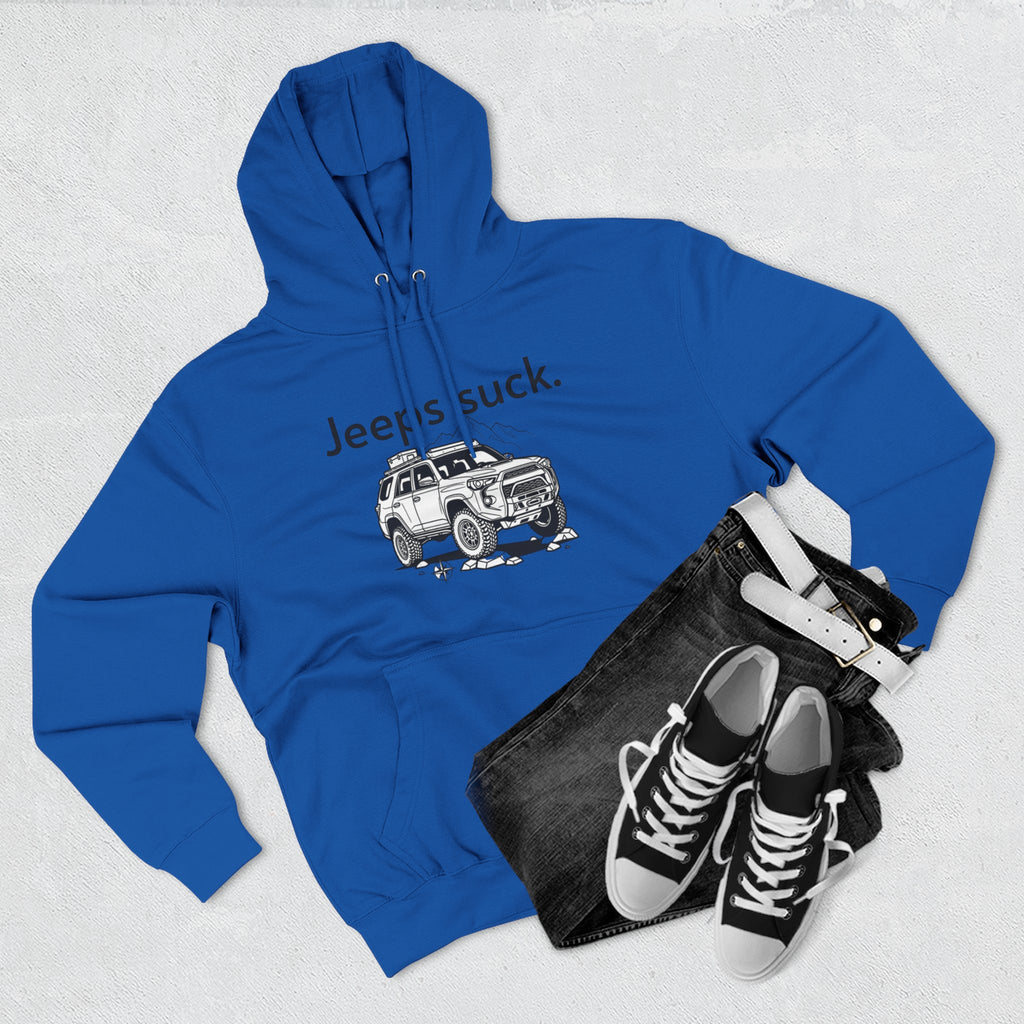 Anti-Jeep Graphic Hoodie – "Jeeps suck." Off-Road Truck Illustration Pullover