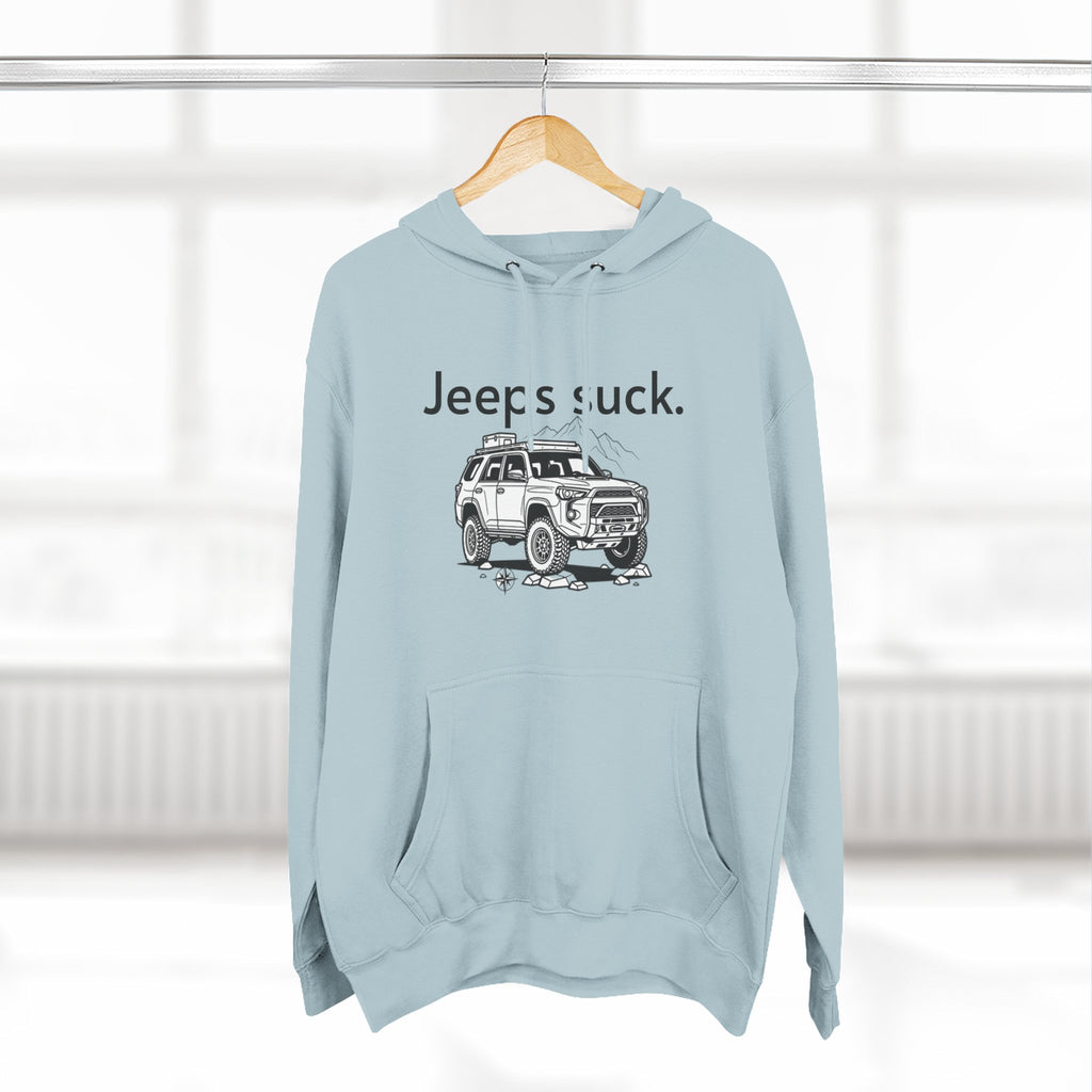 Anti-Jeep Graphic Hoodie – "Jeeps suck." Off-Road Truck Illustration Pullover