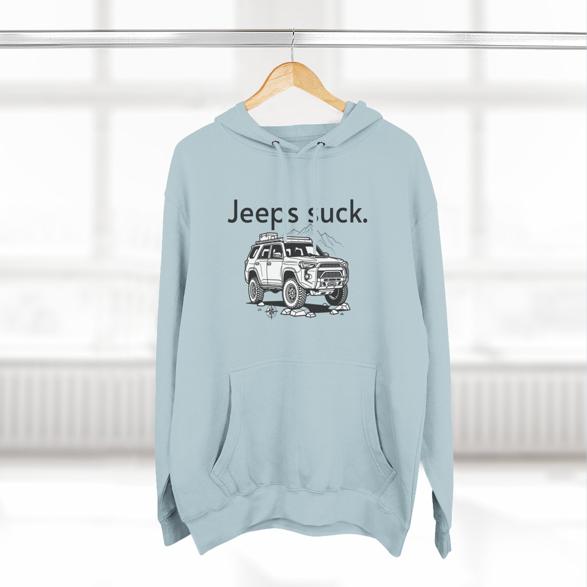 Anti-Jeep Graphic Hoodie – "Jeeps suck." Off-Road Truck Illustration Pullover