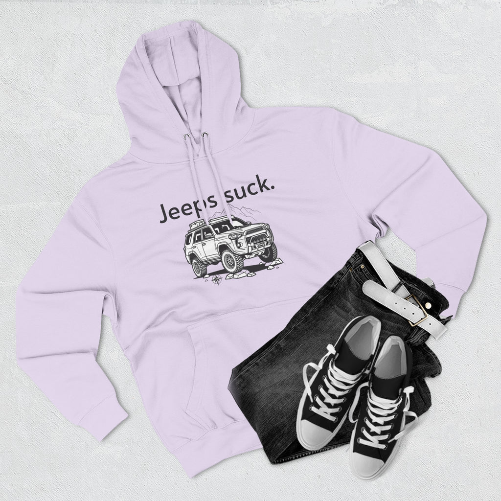 Anti-Jeep Graphic Hoodie – "Jeeps suck." Off-Road Truck Illustration Pullover