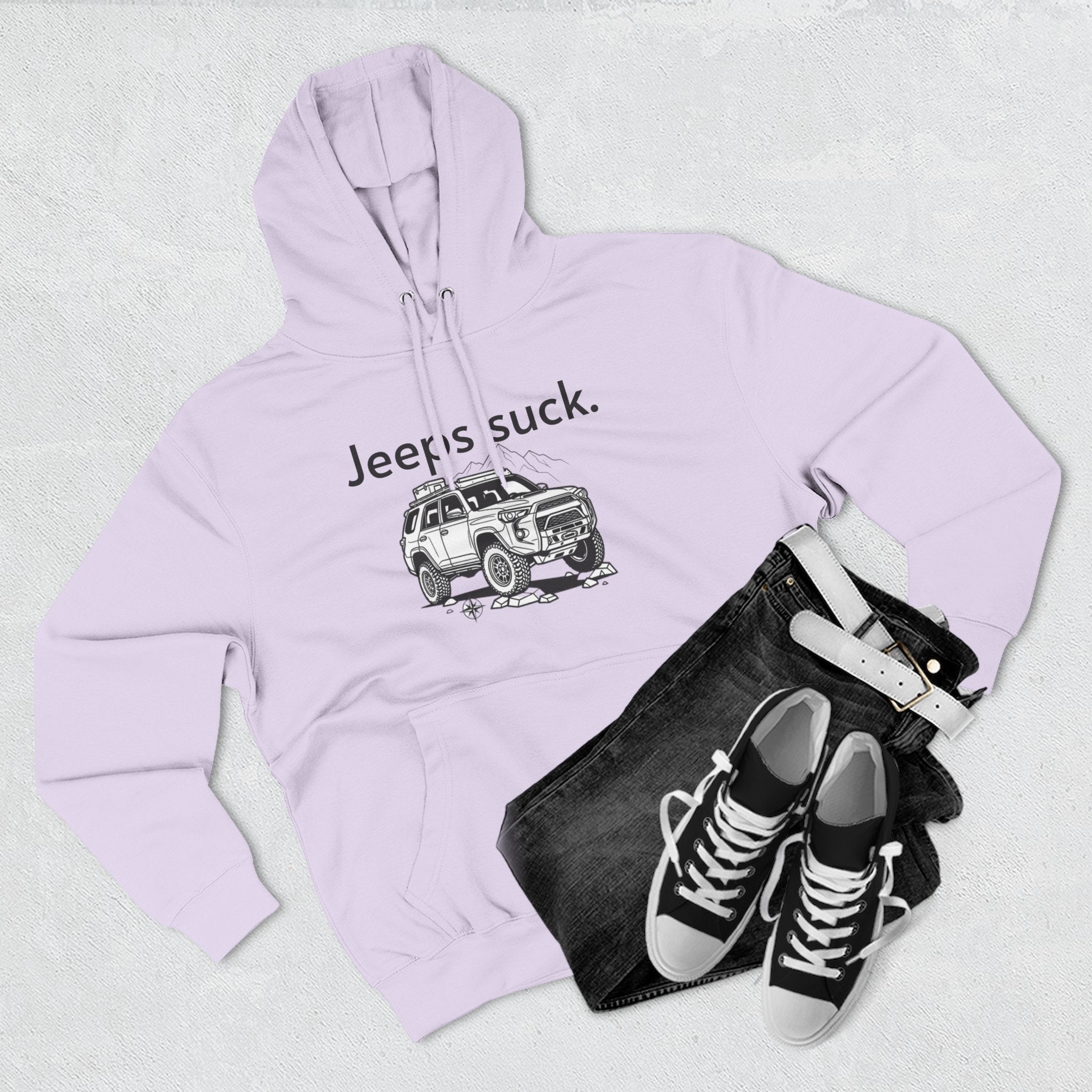 Anti-Jeep Graphic Hoodie – "Jeeps suck." Off-Road Truck Illustration Pullover